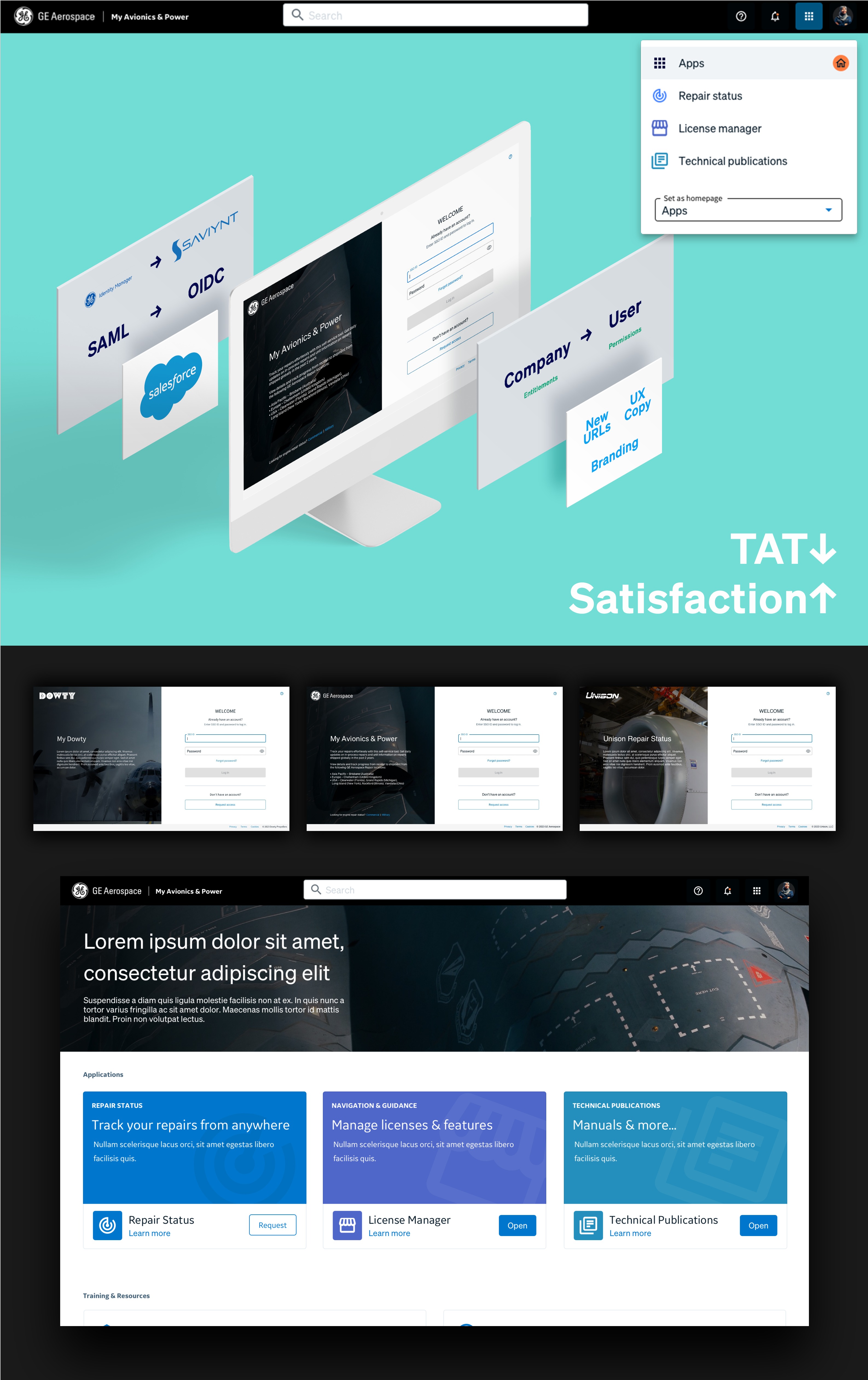 Screen mockups of portal landing pages